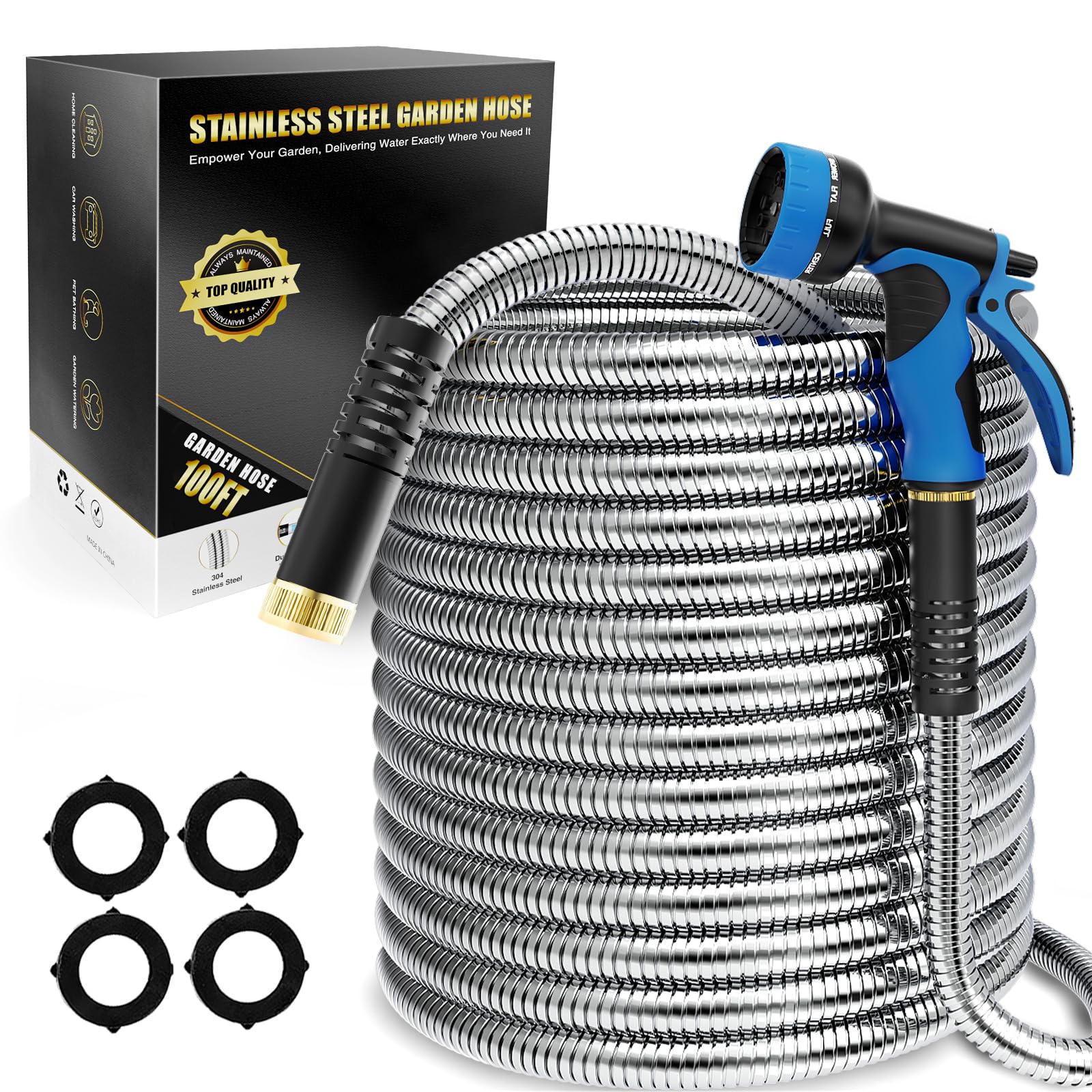 Photo 1 of Lefree Garden Hose 100ft, Metal Garden Hose, Flexible Water Hose with 10-Function Nozzle, Stainless Steel Heavy Duty Hose, Crush Resistant, Leak Proof, No Kinks Garden Hoses for Yard, Outdoors, Rv