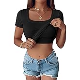 ANRABESS Womens Short Sleeve Tops Built in Bra Summer T Shirts Scoop Neck Ribbed Knit Fitted Basic Tee Casual Going Out Top
