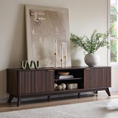 OKD 70" Mid Century Modern Fluted TV Stand, Entertainment Center, Sideboard, Media Console for Living Room with 2 Soft Close Door/Adjustable Shelves (Dark Walnut)
