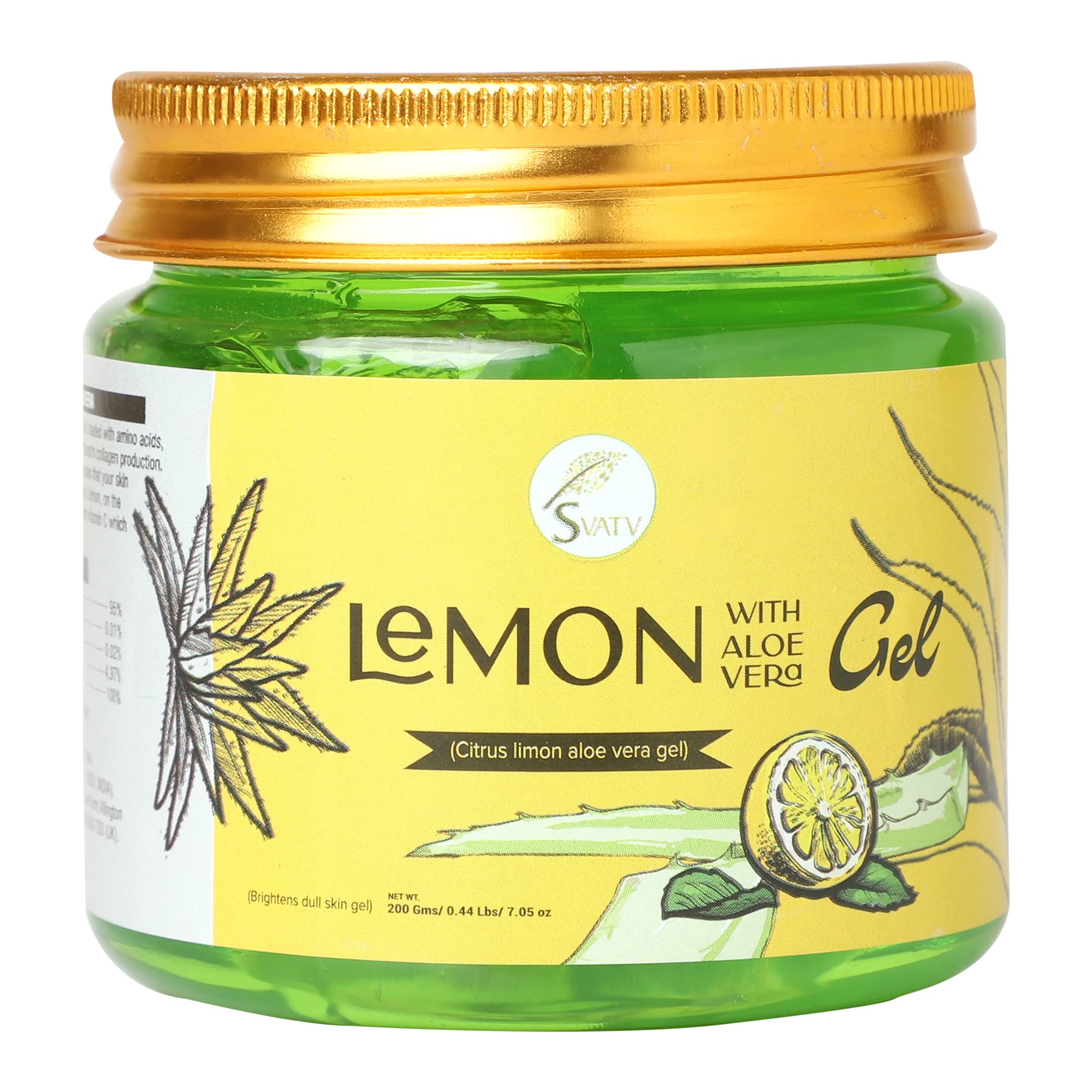 SVATV Lemon Aloe Vera Gel | Reduces skin redness | Improves skin tone | Reduces dark spots | Replenishes skin cells | Paraben & Sulfate Free - 200g | 7.05 Oz | 0.44 Lbs