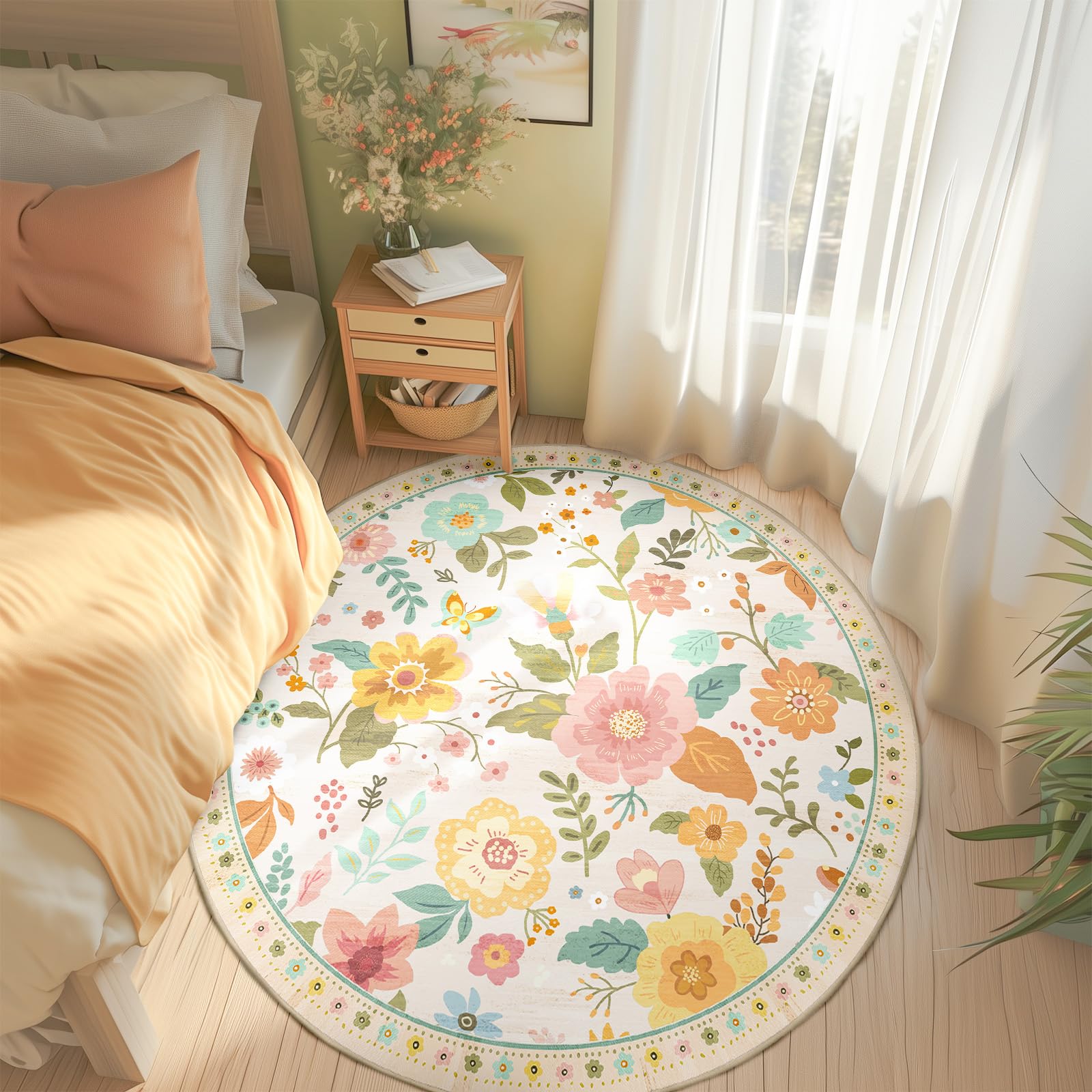 Photo 1 of RELEANY Floral 4ft Area Rug Machine Washable Soft Print Boho Carpet Non Slip Doormat Low Pile Flower Area Rugs for Living Room Bedroom Nursery Kitchen Dining Room Indoor-Beige/White/Orange