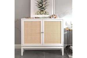 Lamerge Sideboard Buffet Cabinet, Rattan Kitchen Storage Cabinet with 2 Doors,Cupboard Console Table with Adjustable Shelves,Accent Cabinet for Dining Room, Bedroom, Hallway,White