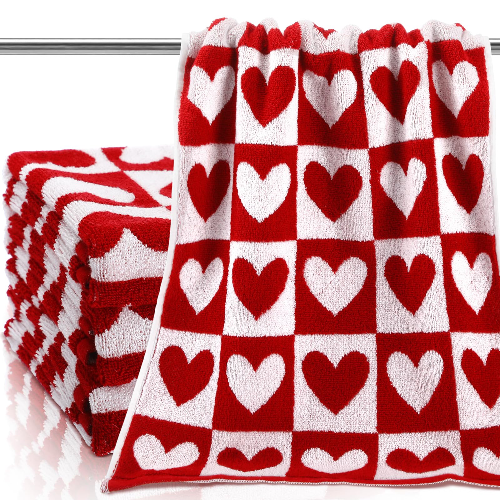 Photo 1 of Frienda 4 Pcs Valentine's Day Hand Towels for Bathroom 13 x 29'' Soft 100% Cotton Red and White Hearts Decorative Towel Absorbent Valentine‘s Day Bathroom Decor for Drying Cleaning Cooking Gift