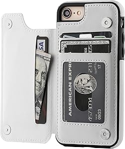 OT ONETOP iPhone 8 Wallet Case with Card Holder, iPhone 7 Case iPhone SE(2020) Wallet Premium PU Leather Kickstand Card Slots,Double Magnetic Clasp and Durable Shockproof Cover 4.7 Inch(White)