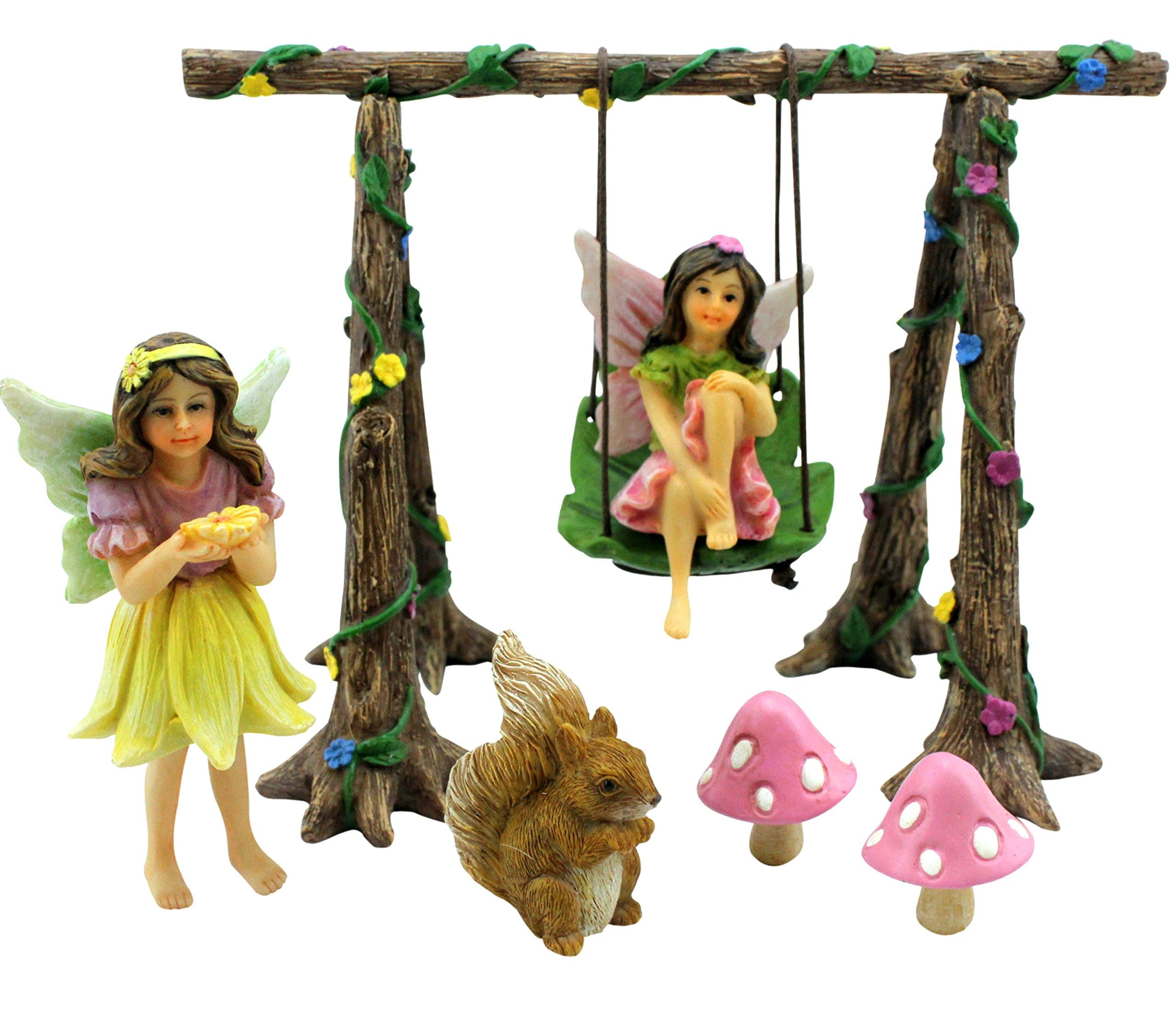 PRETMANNS Fairies for Fairy Garden Accessories for Outdoor - Figurines and Swing Set for Miniature Set with Squirrel & 2 Mushrooms - Ideal for Fairy Garden Starter Kit - 6 Piece Resin Supplies