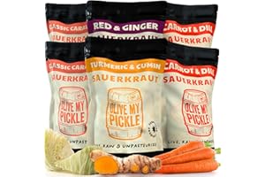 Olive My Pickle Fermented Sauerkraut - 96 Ounces | 6-Pack Bundle of Probiotic Carrot & Dill, Red Ginger, Caraway and Turmeric Sauerkraut with Natural Probiotics for Gut Health - Great for Sandwiches, Salads, Asian Dishes, and Meat