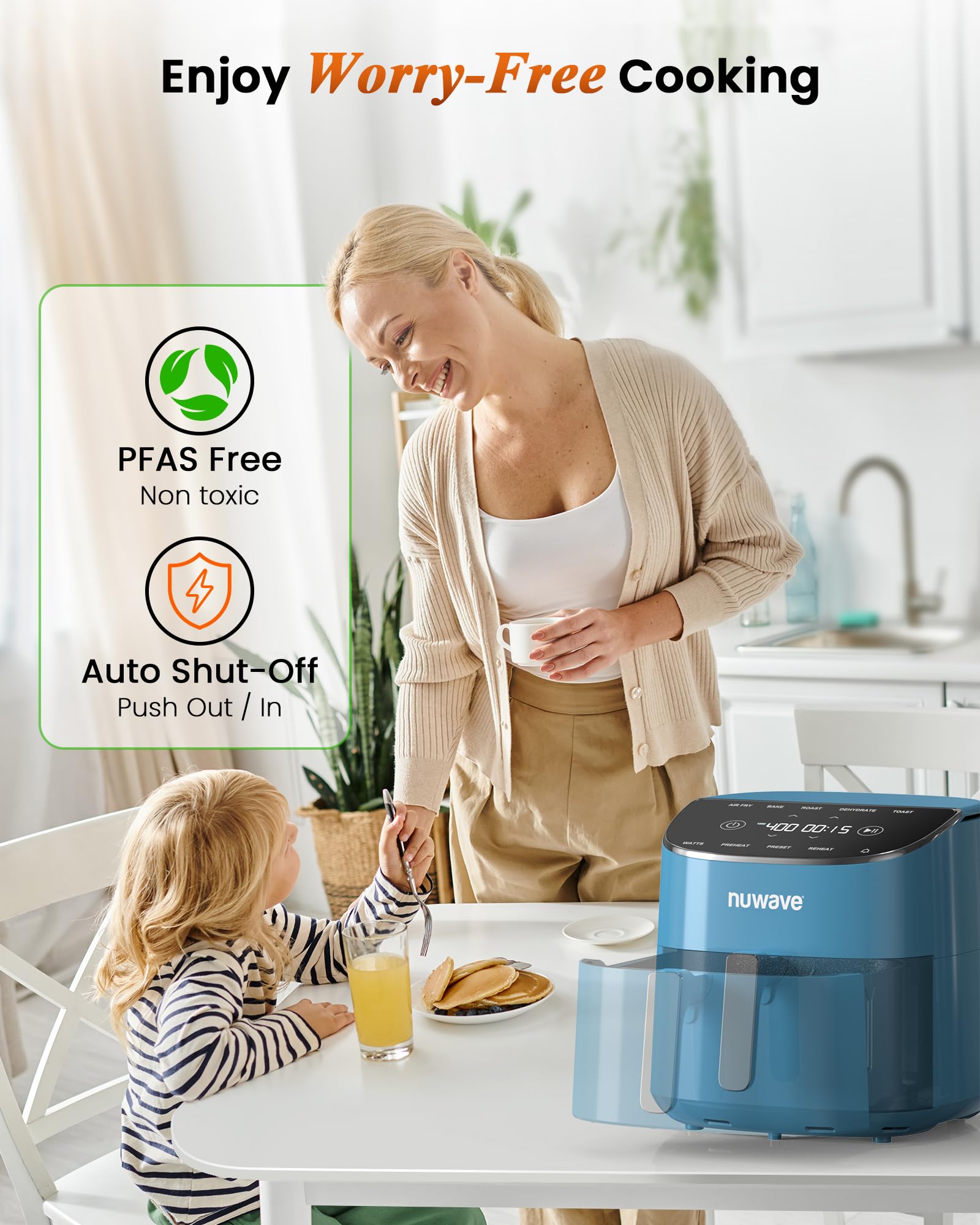 Freidora de aire Nuwave Brio Plus de 8 cuartos, nueva y mejorada, SIN PFAS, 7 funciones digitales de cocción con un solo toque que FREÍR, HORNEAR, ASAR, DESHIDRATAR, TOSTAR, RECALENTAR, PRECALENTAR, 150 ajustes preestablecidos, 50 °F ~ 400 °F (azul acogedor)