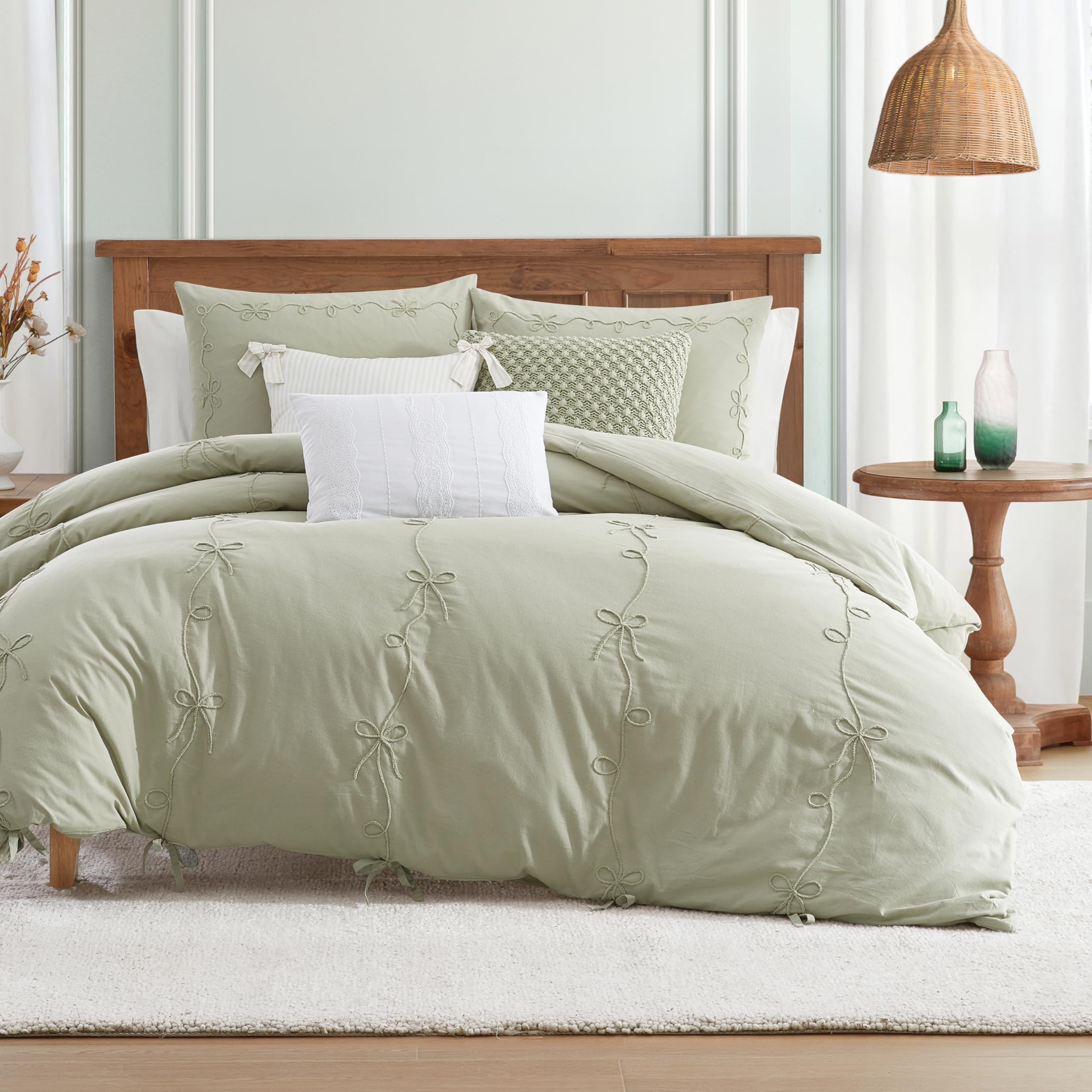 Photo 1 of Peri Home Bows Duvet Cover Set 100% Cotton 3-Piece Bedding, Full/Queen, Green Sasha Bows