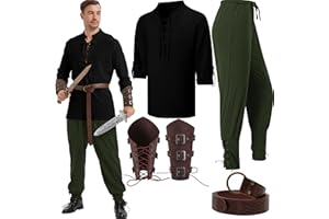 YUANTU 5 pcs Halloween Men's Renaissance Costume Set Viking Costume Medieval Pirate Shirt Ankle Banded Pants Belt Accessories