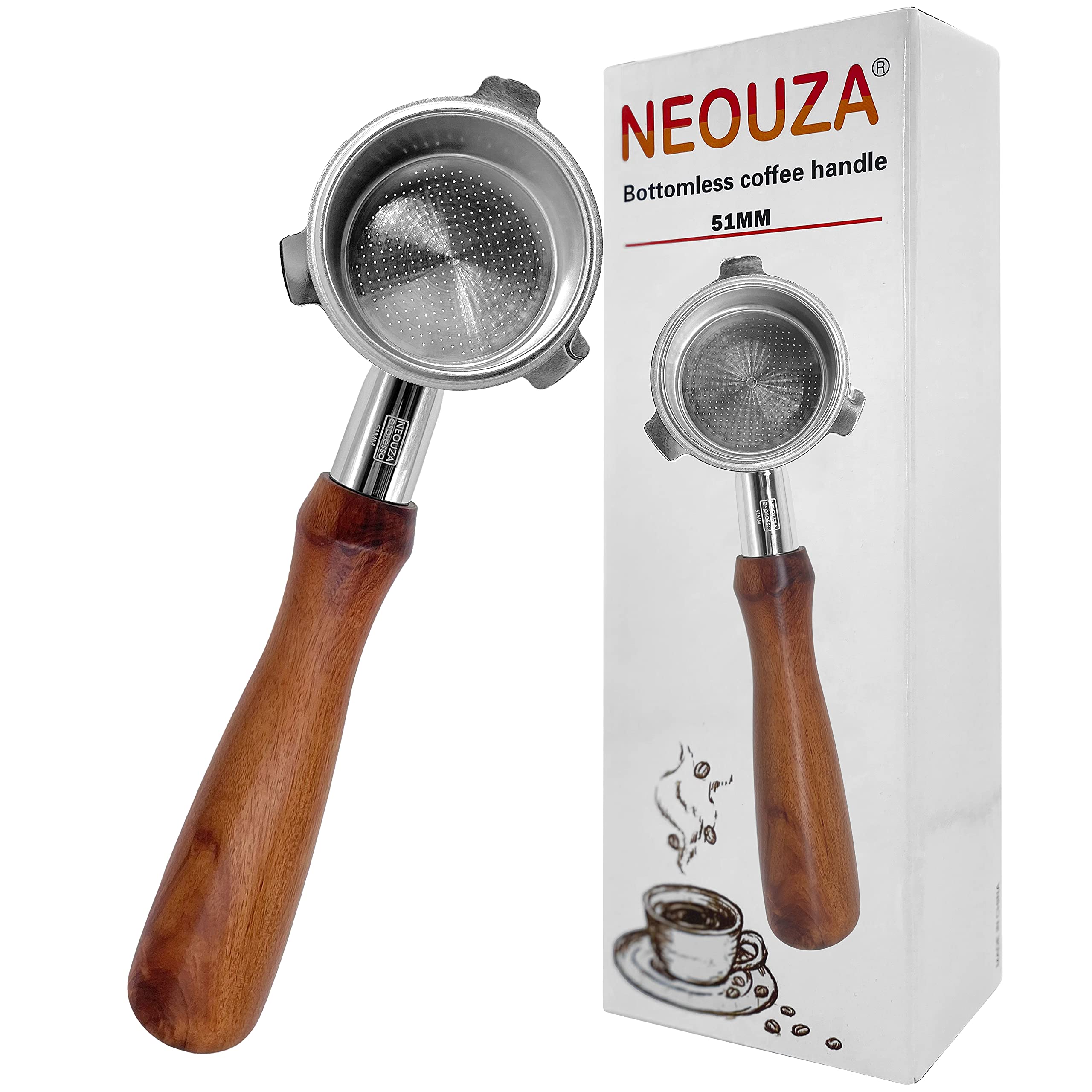 NEOUZA 51mm Espresso Bottomless Portafilter Compatible for Delonghi La Specialista EC9155/9335/9355/9665 304 Stainless Steel with Non-Pressurized Filter Basket (Rosewood Handle)