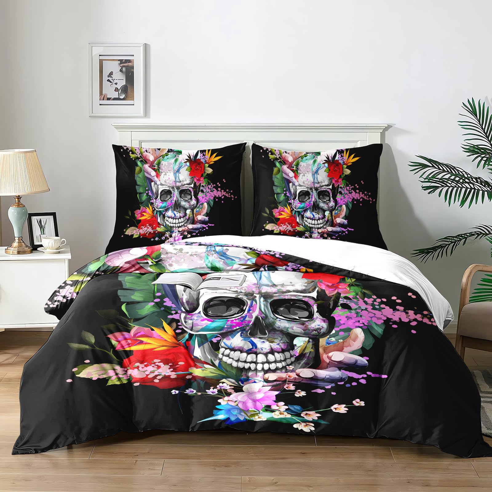 Yzehomijia Skull Pattern Duvet Cover Sets 220×200 cm, Gothic Style, Includes 1 Duvet Cover + 2 Pillowcases 65x65 cm.(K4×220)