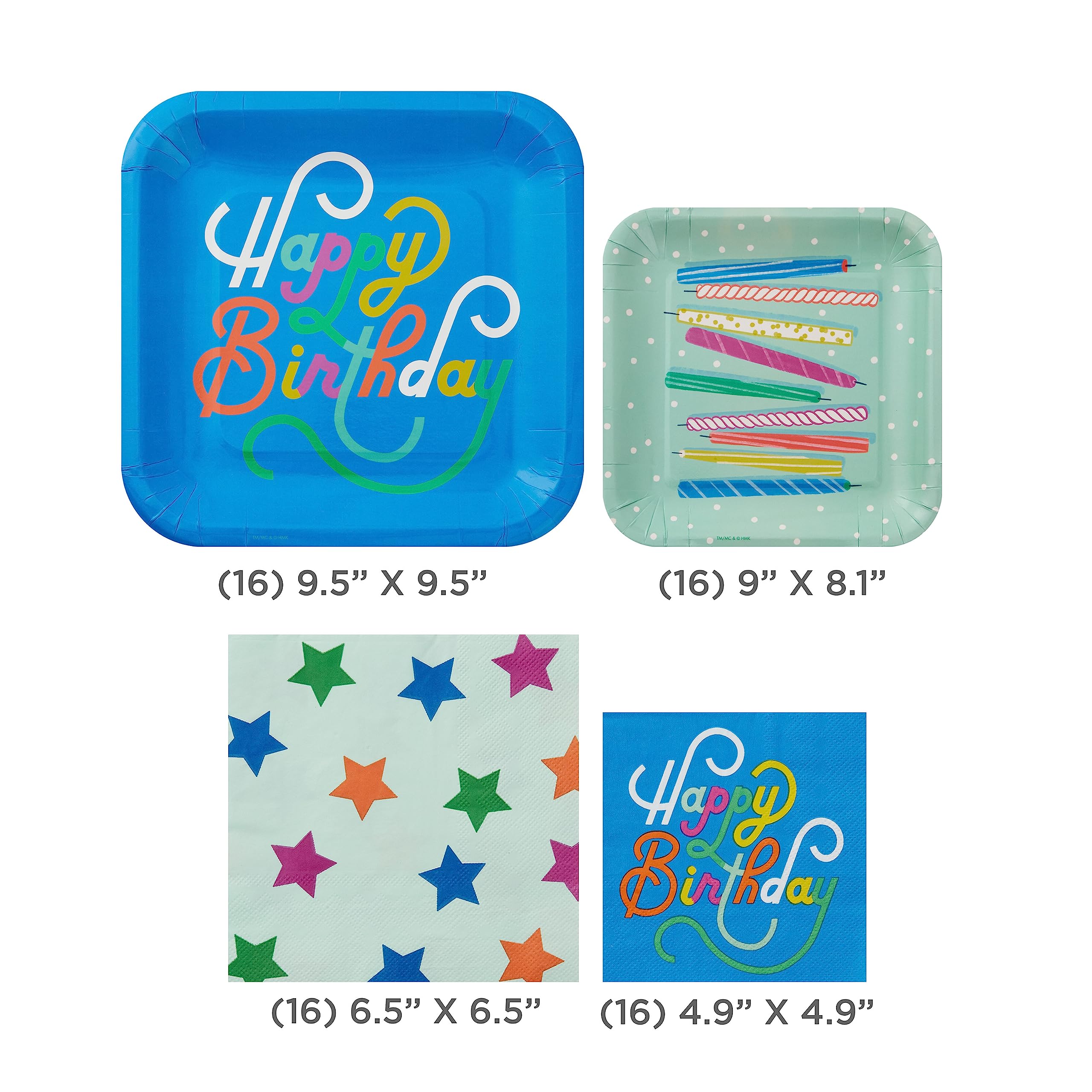Hallmark Blue and Mint Green Birthday Party Supplies (16 Square Dinner Plates, 16 Square Dessert Plates, 16 Beverage Napkins, 16 Dinner Napkins) Stars and Candles