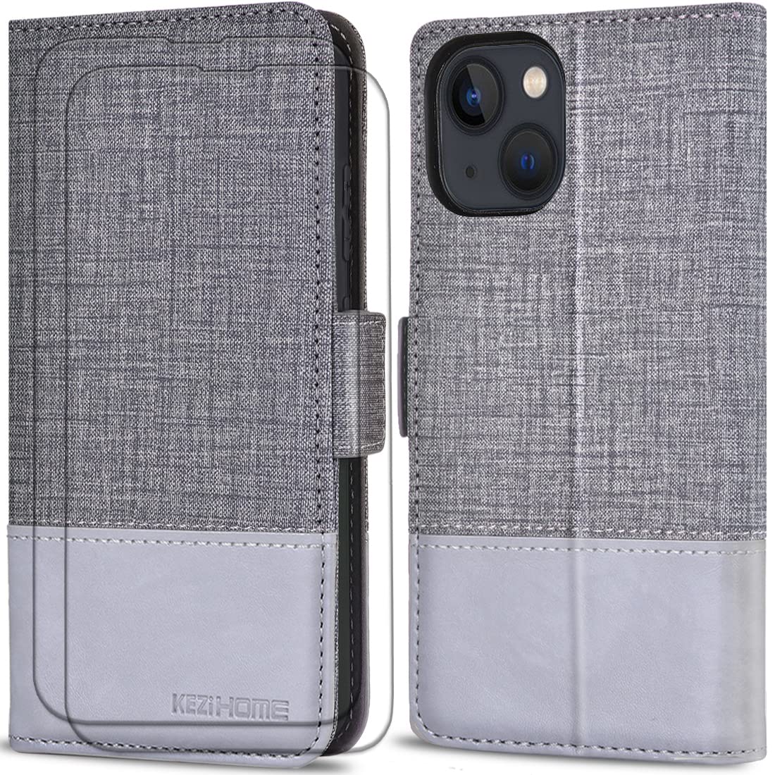 KEZiHOME Wallet Case for iPhone 13, PU Leather Case [Tempered Glass Screen Protector * 2][Magnetic Closure][RFID Blocking][TPU Shockproof][Kickstand] Flip Cover for iPhone 13 5G (6.1) (Gray/Gray) — image 1