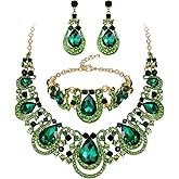 BriLove Women's Teardrop Crystal Statement Necklace Cluster Hollow Dangle Earrings Chain Bracelet Bib Jewellery Set for Wedding Bride Bridesmaid