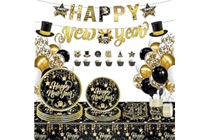 New Years Eve Party Supplies 2026 | 200 PCS Happy New Year Decorations for 24 Guests with Plates, Napkins, Banner, Tablecloth