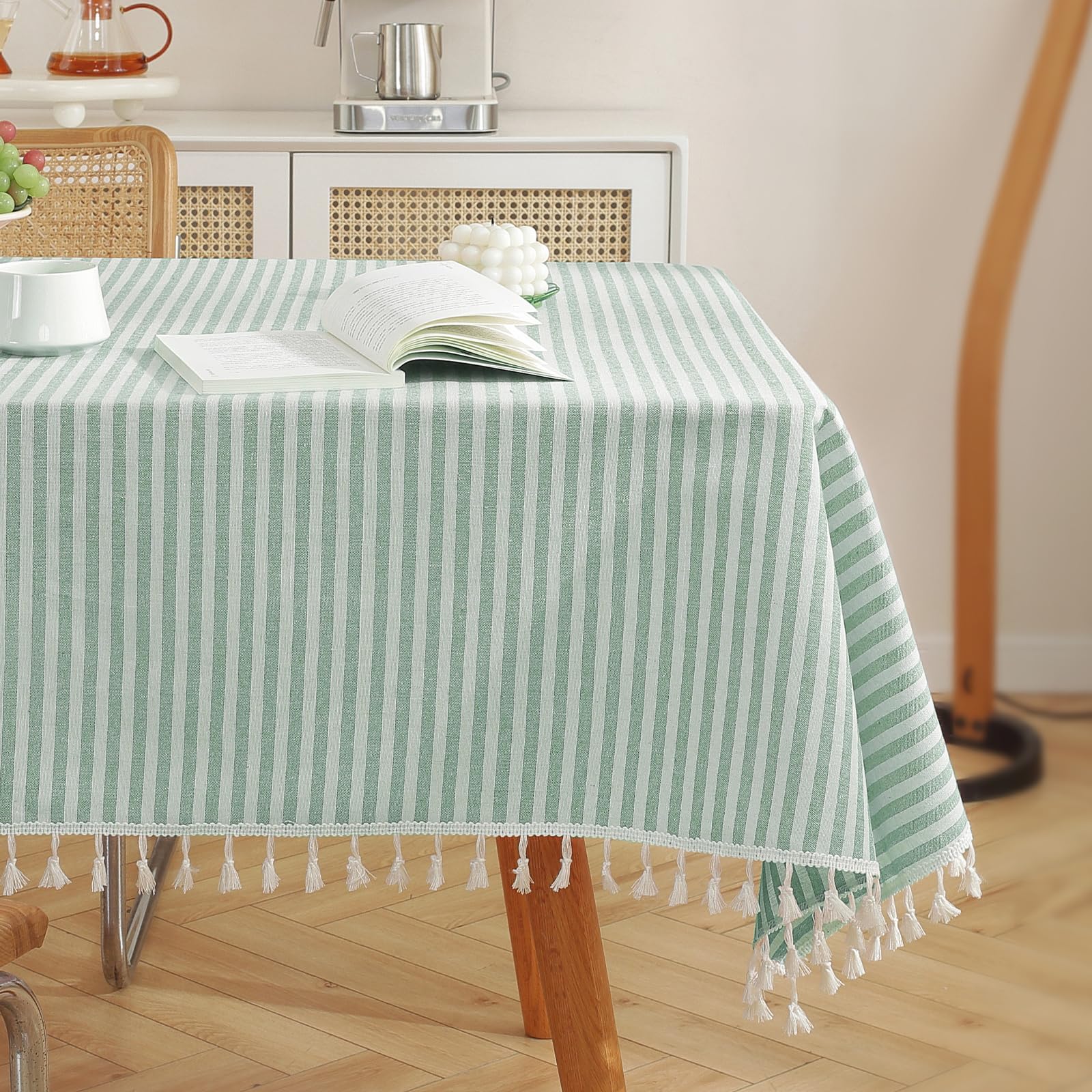 Photo 1 of meioro Striped Tablecloth Rectangle Tablecloths Cotton Blend Table Cloth Washable Tabletop Decorative Fabric Table Cover for Kitchen Dinning (Green, 60 x 102 Inch)