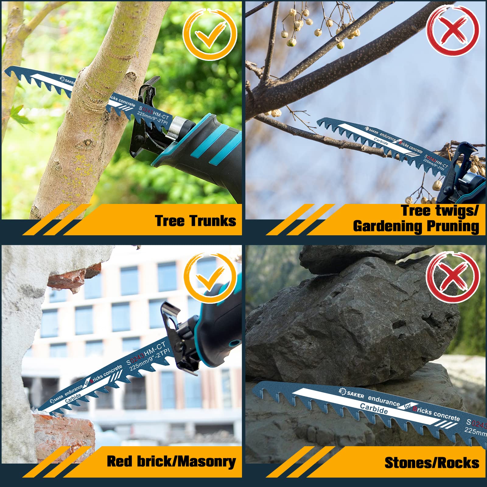 Saker Saw Blade-Demolition Masonry Reciprocating Hard Alloy Saw Blades for Cutting Wood, Porous Concrete, Brick Combination Pack(4 PCS), Blue