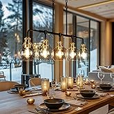 KSANA Chandeliers for Dining Room, 5 Light Linear Chandelier Modern Farmhouse Kitchen Island Light with Seeded Glass Pool Tab
