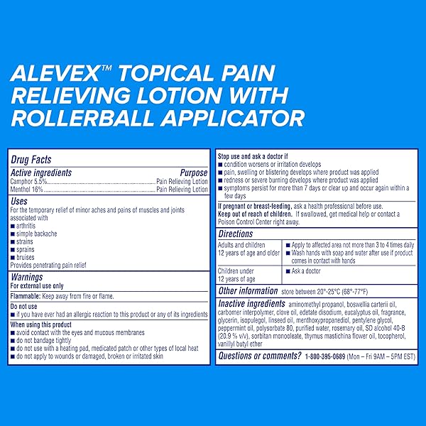 ALEVEX TOPICAL PAIN RELIEF LOTION WITH ROLLERBALL APPLICATOR – LONG LASTING ARTHRITIS AND MUSCLE PAIN RELIEF, 2.5 OZ