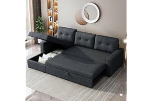 YOPTO Sectional Sleeper Sofa with Pull Out Couch Bed & Storage Chaise,Convertible Sectional Sofa Bed W/ 3 Back Cushions,Reversible Pull Out Sofa Bed for Living Room,Apartment,Office,Dark Grey