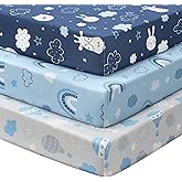 FIEMOL Baby Crib Sheets for Boys and Girls, 3 Pack Toddler Bed Sheets for 52”x28” Standard Toddler Mattresses, Soft Microfiber Fitted Crib Sheets Neutral Blue Cloud Animals
