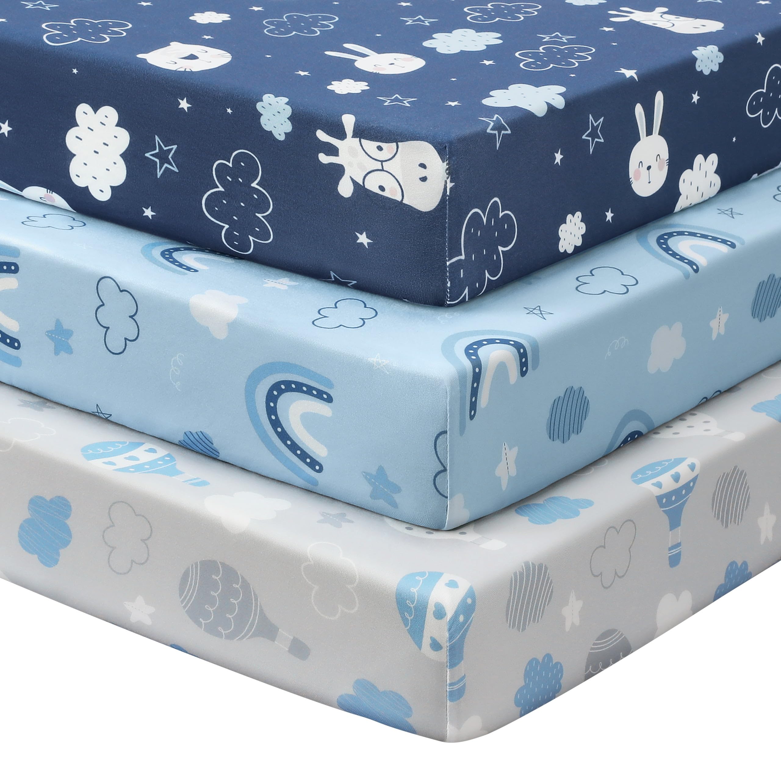 Photo 1 of FIEMOL Baby Crib Sheets for Boys and Girls, 3 Pack Toddler Bed Sheets for 52”x28” Standard Toddler Mattresses, Soft Microfiber Fitted Crib Sheets Neutral Blue Cloud Animals