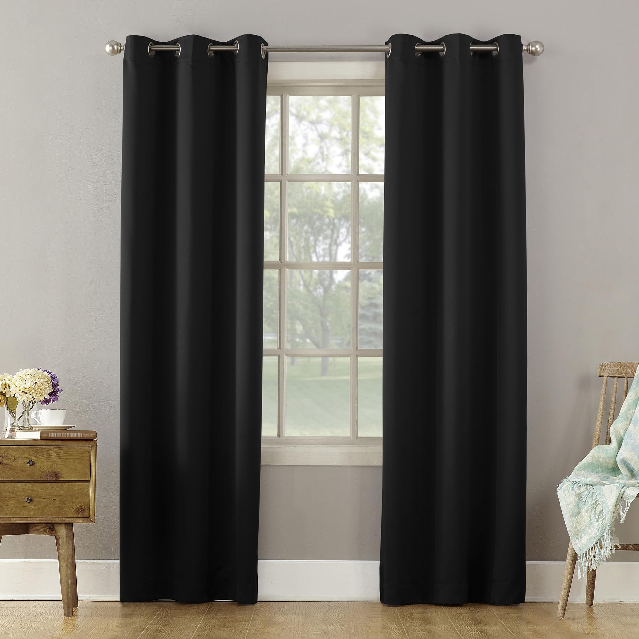 Sun Zero Becca Energy Efficient Grommet Curtain Panel, 40" x 95", Black