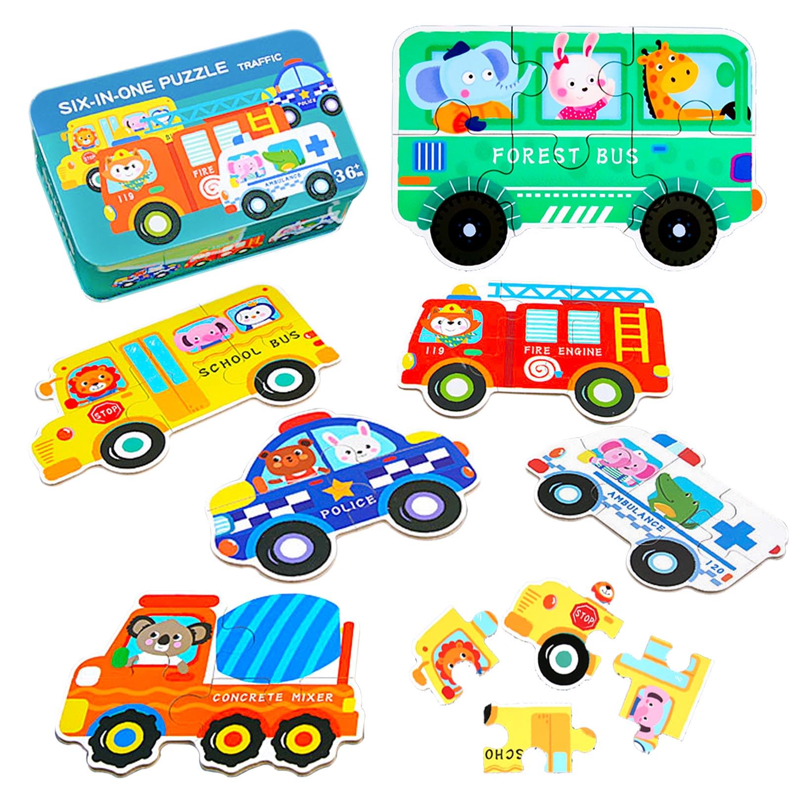 KUKUTrue® Montessori Toy 2 3 4 5 Years, Educational Toys 2–3 Year Olds, Toddler Wooden Puzzles, 6-Piece Puzzle in Metal Box, Gift 2–5 Kids Boys Girls