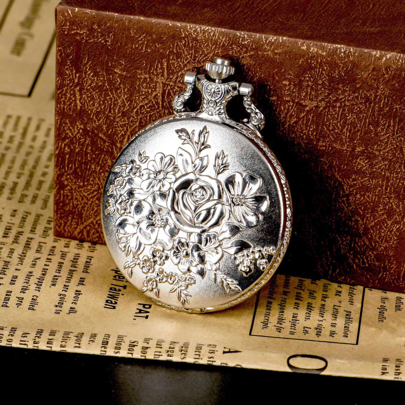 BOSHIYA Retro Flower Openwork Cover Quartz Pocket Watch with Chain Half Hunter Pocket Watches for Women with Box, for Mother's Day