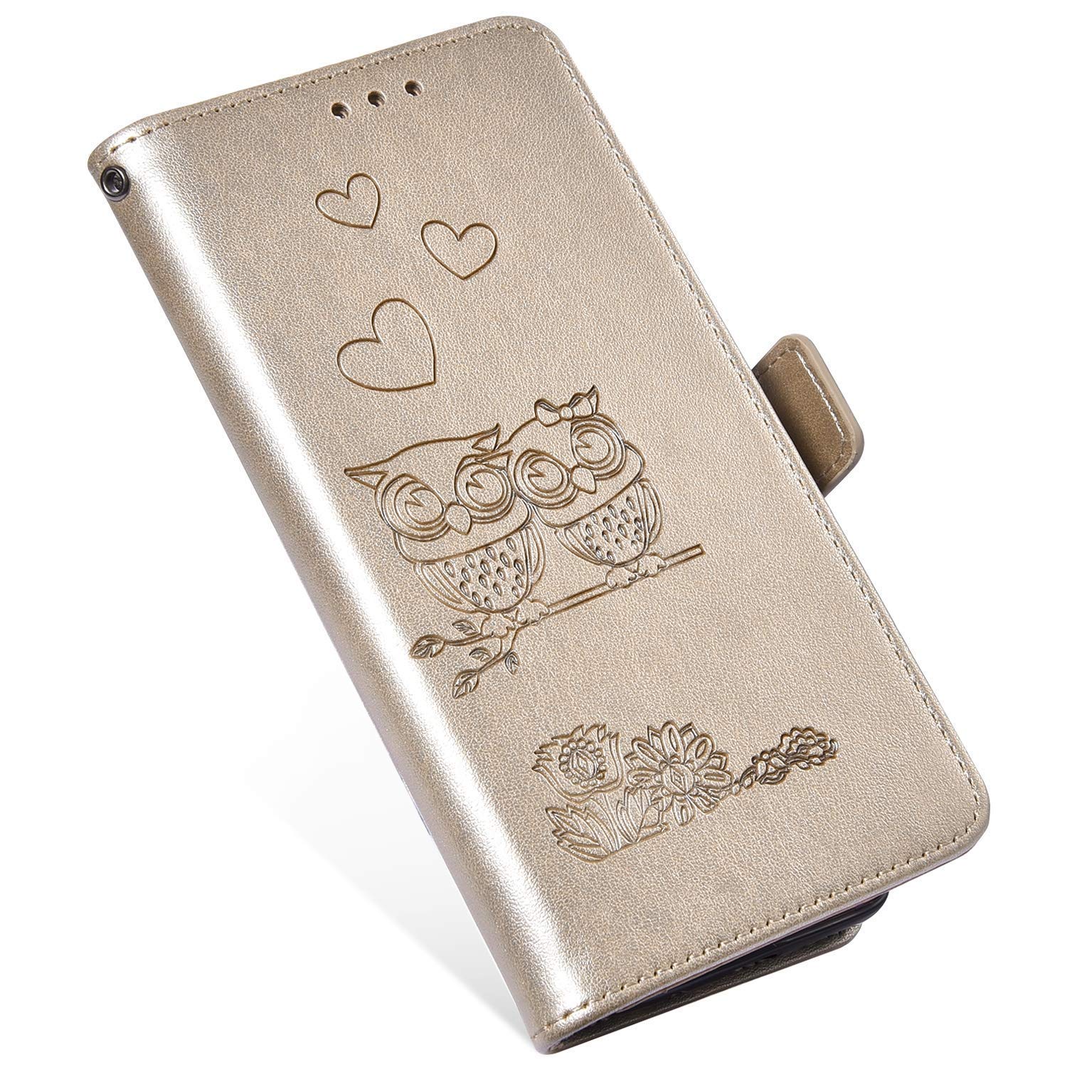 Qpolly Case Compatible with Samsung Galaxy S10 Plus, Embossed Leather Owl Flip Case with Card Slots Magnetic Wallet Case Book Style Flip Cover for Galaxy S10 Plus, Gold