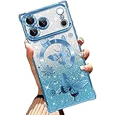 Illians Magnetic Case Made for iPhone 17 Pro Max 6.9 Inch (Compatible with MagSafe) Glitter Phone Case with Blue Butterfly Design Soft TPU Reinforced Corners Shockproof Bling Phone Cover for Women