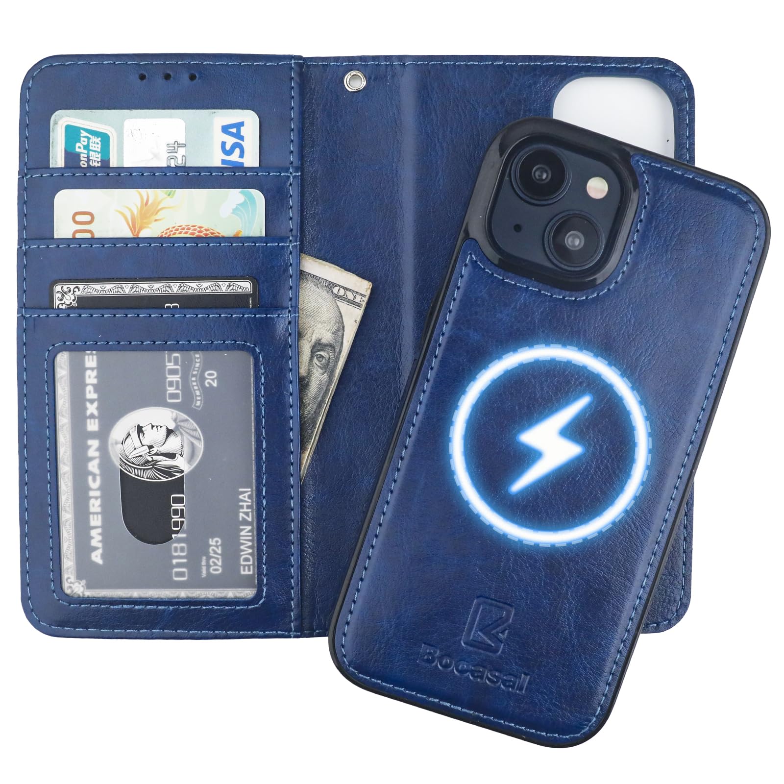 Bocasal for iPhone 15 Wallet Case Compatible with MagSafe Wireless Charging, RFID Blocking Magnetic Leather Case with Card Slots Holder Kickstand Detachable Wrist Strap 6.1 Inch (Blue)