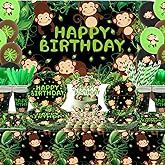 Monkey Birthday Decorations, Monkey Party Decoration, Plates Cups Napkins Tablecloth Happy Birthday Backdrop Balloon Cake Toppers for Wild Jungle Animal Theme Supplies, Serves 20