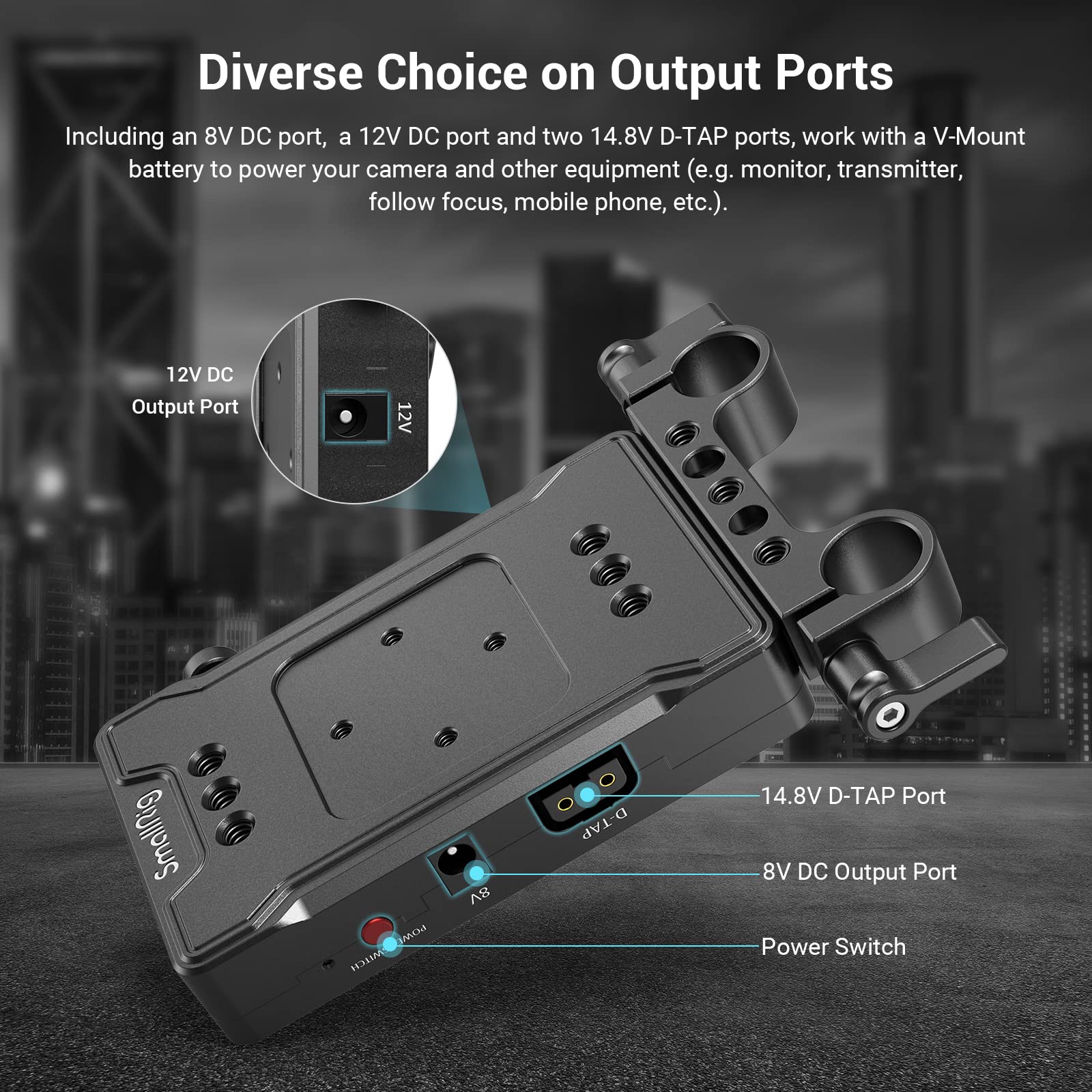 SmallRig V-Mount Battery Adapter Plate, V-Lock Battery Plate with Dual D-TAP and DC Ports, 15 mm Rod Clamp and 1/4