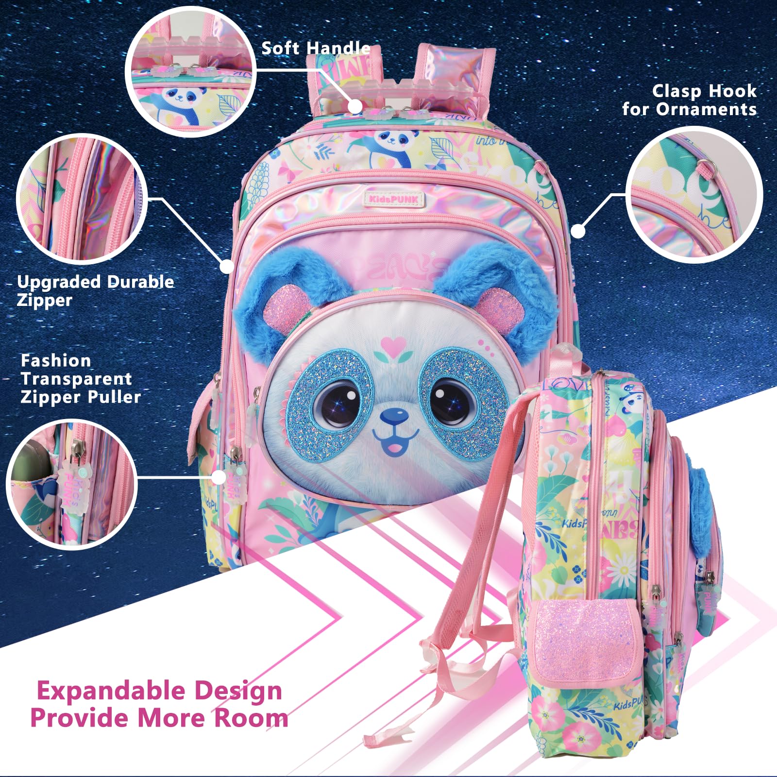 Girls Backpack Kids Backpacks for Girls Cute Panda Backpack for Girls Kawaii Backpack for Preschool Elementary Kindergarten,Pink,Large Capacity,16 Inch