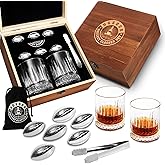 HGSOOR Whiskey Glasses Gift Set – 2 Old Fashioned Glasses with 6 Stainless Steel Football Whiskey Stones, Premium Barware Set, Unique Gift Ideas for Men Him Dad Husband Sports Fan