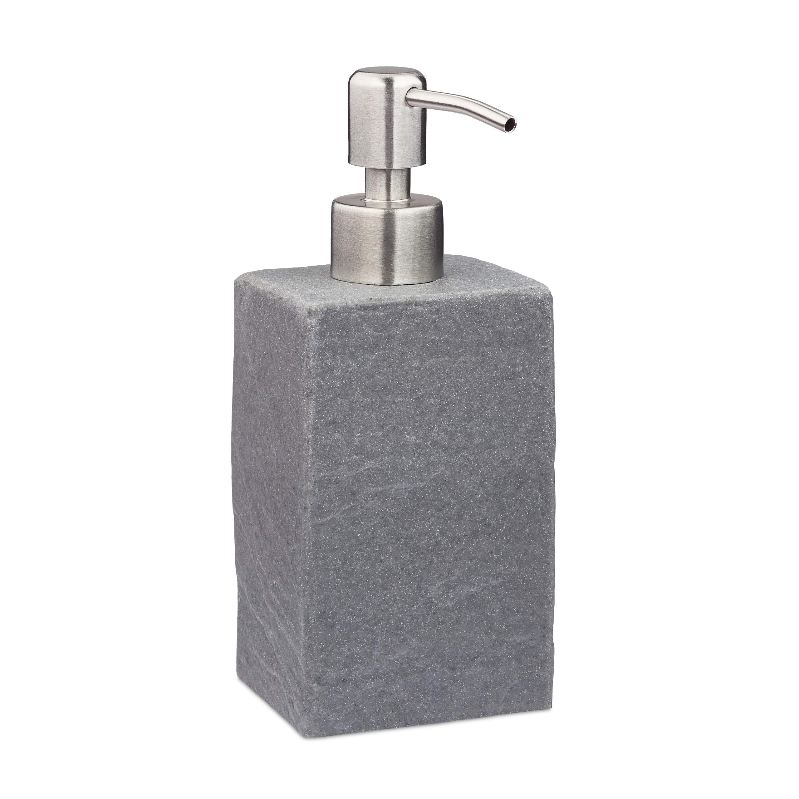Relaxdays Soap Dispenser, 200 ml, Refillable, Bathroom, for Liquids & Lotions, Polyresin, Stainless Steel Pump, Grey