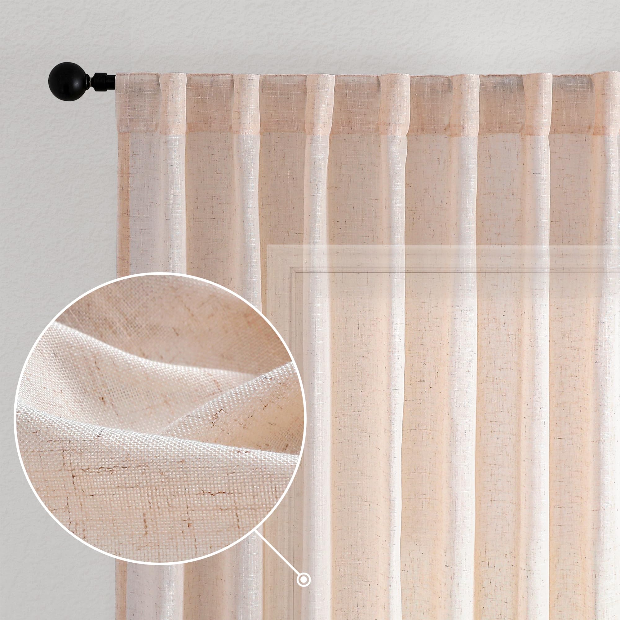 Photo 1 of Novecozy Blush Pink Linen Semi Sheer Curtains 54 Inch Long 2 Panels Set for Bedroom Kitchen, Backtab Rod Pocket Farmhouse Boho Linen Textured Light Filtering Short Small Window Drapes, Peach Pink
