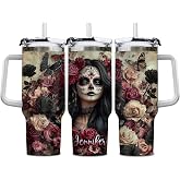 Hyturtle Personalized Sugar Skull 40oz Tumbler with Handle, Straw for Women | Flower Sugar Skull Gift on Halloween Birthday Christmas, Skull Lover Gifts, Custom Name Insulated Stainless Steel Travel Cup
