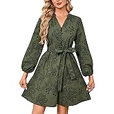 YEXPINE Boho Mini Dress for Women 3/4 Sleeve Eyelet Lace Hollow Out Tunic Dress V Neck A Line Short Dresses with Pockets