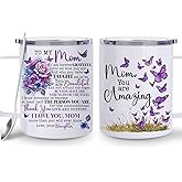 Hyturtle Mom Mug With Lid & Spoon Gifts from Daughter, 12oz Insulated Stainless Steel, Christmas Birthday Gifts for Mom Mother, Unique Purple Butterfly Gifts For Women Gift Coffee Tea Travel Cup