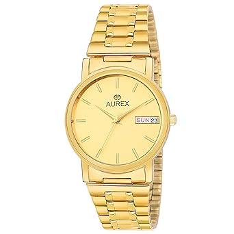 Aurex Analouge Gold Day & Date Dial 18 K Gold Plated Watch Water Resistant Golden Color Strap Wrist Watches for Mens/Boys (AX-GR156-GLG)