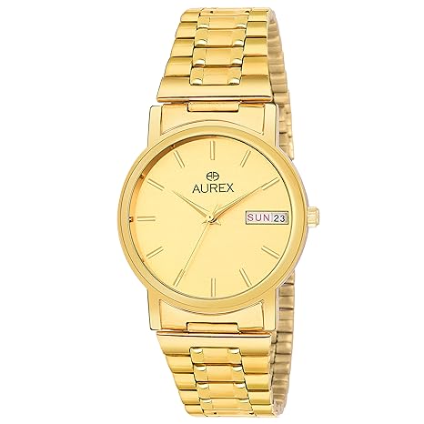 Aurex Analouge Gold Day & Date Dial 18 K Gold Plated Watch Water Resistant Golden Color Strap Wrist Watches for Mens/Boys (AX-GR156-GLG)