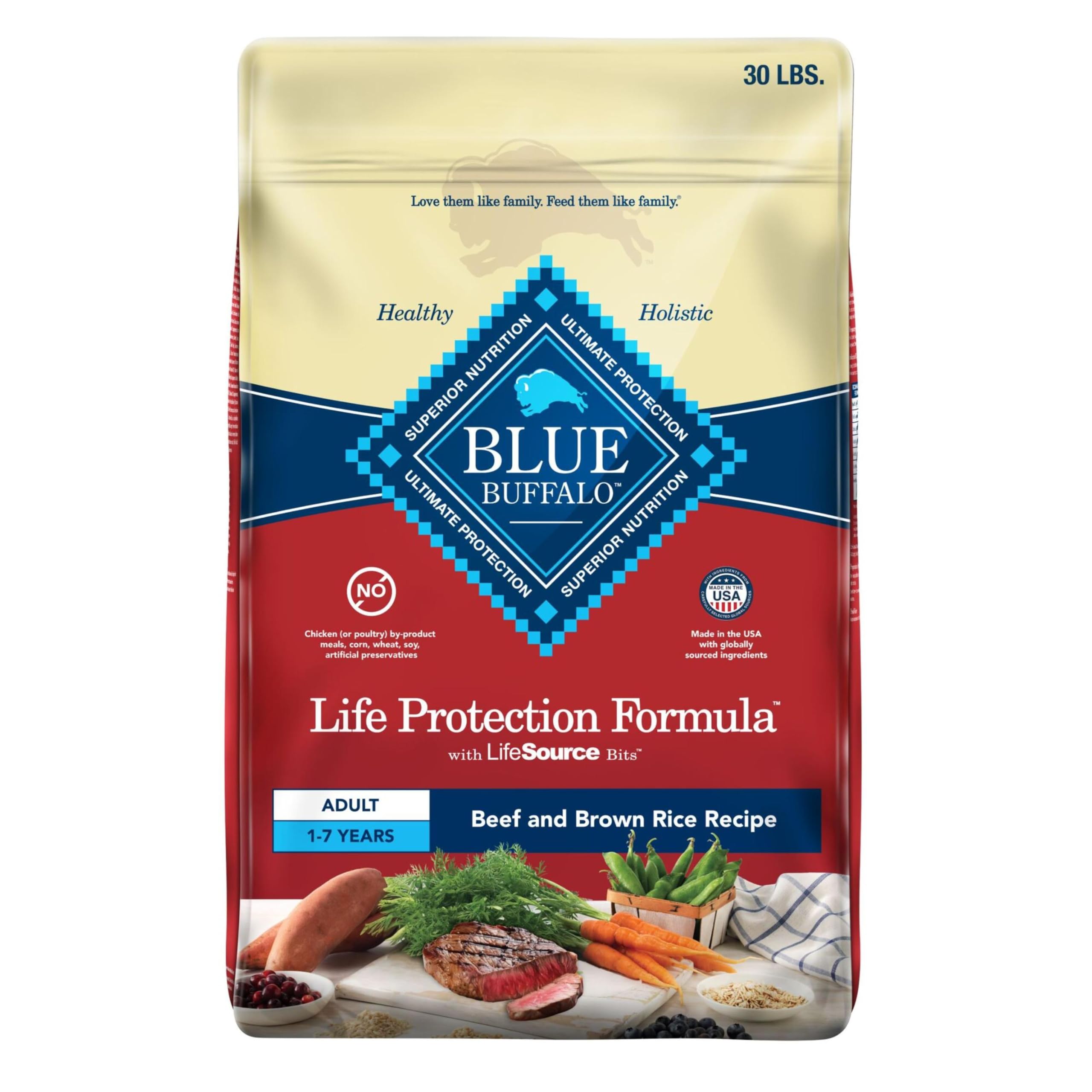 Photo 1 of Blue Buffalo Life Protection Formula Adult Dry Dog Food, Helps Build and Maintain Strong Muscles, Made with Natural Ingredients, Beef & Brown Rice Recipe, 30-lb Bag expires February 2026