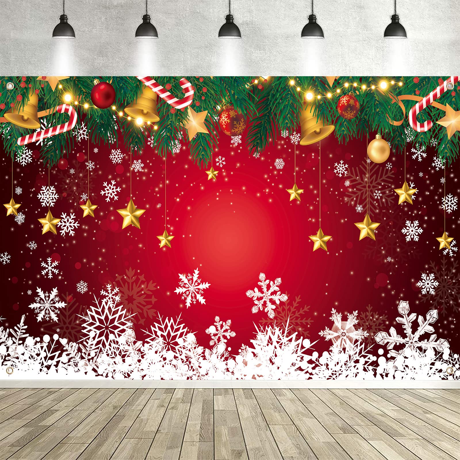 Red Christmas Banner, Large Fabric Snowflake Backdrop for Party Decorations, 72.8 x 43.3 Inch