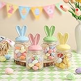 Easter Bunny Candy Jar Decorations - 4 PCS Glass Candy Jars with Bunny-Shaped Ceramic Lids - Airtight Glass Containers for Chocolate, Mini Eggs, Easter Table Centerpiece Decorations(6.7 * 3.1in)
