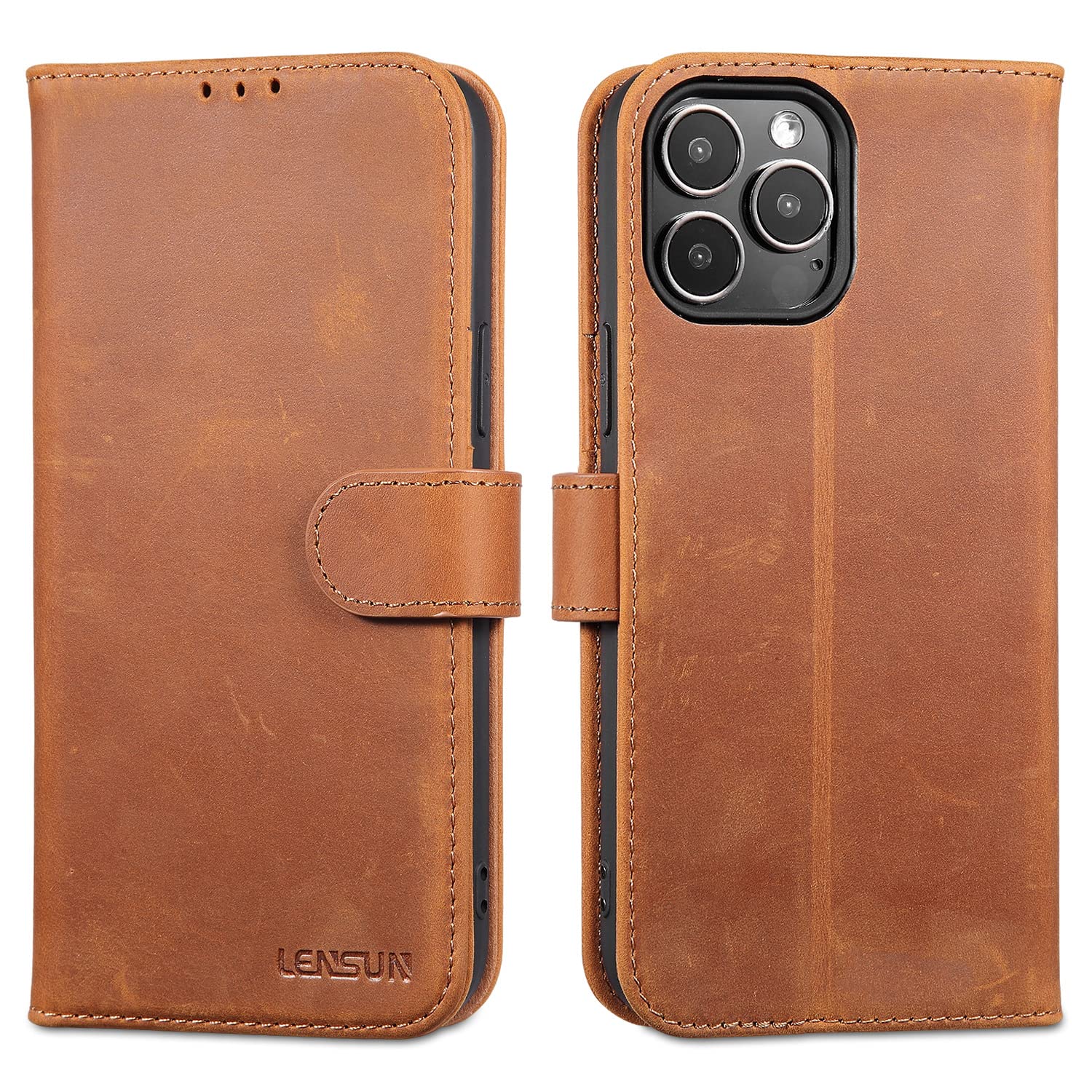 LENSUN Flip Case for iPhone 13 Pro Max, Genuine Leather Wallet Phone Cover [RFID Blocking] with Card Holder and Magnetic Closure for Apple iPhone 13 Pro Max - Vintage Brown