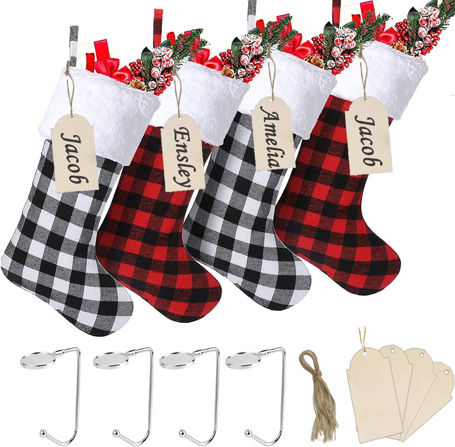 Stockings & Holders - fegwave Christmas Stockings Set of 4 Pack, Buffalo Plaid Christmas Stockings, 18 Inch Black White Red Plaid Christmas Stockings, Farmhouse Family Christmas Stockings, White Red Xmas Stockings 4