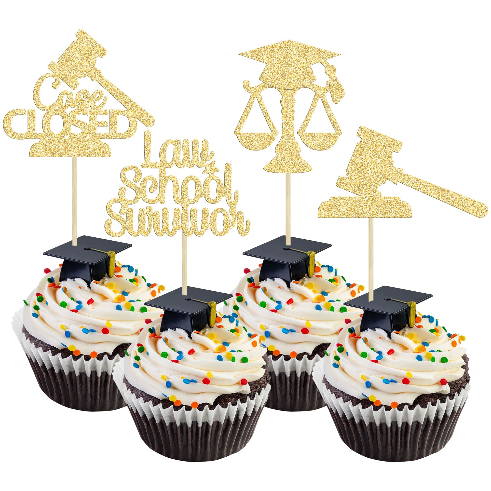 Gyufise 24Pcs Lawyer 2026 Graduation Cupcake Toppers Gold Glitter Class of 2026 Grad Cap Law School Survivor Cupcake Picks for 2026 Lawyer Graduation Party Cake Decorations Supplies