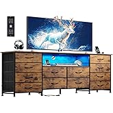 WLIVE 12 Drawer Dresser for Bedroom, Dresser TV Stand for 65, 70, 75 inch TV with Led Lights & Charging Station, Wide Chest of Drawers with Open Shelves, Fabric Dressers for Living Room, Rustic Brown